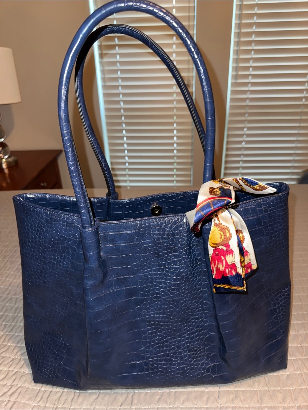 Structured Croc-Embossed Navy Tote with Scarf Accent